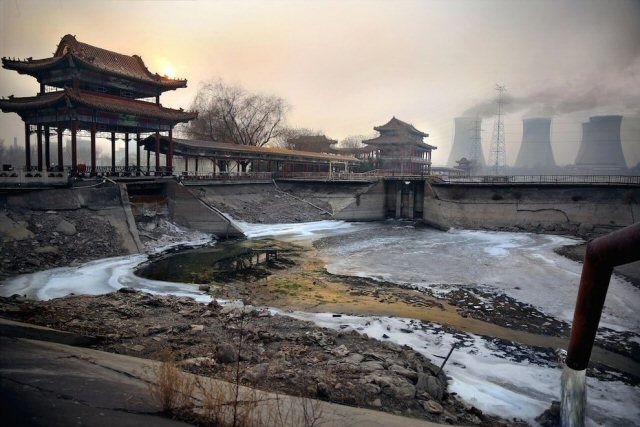 Coal plant, steel factory, polluted water